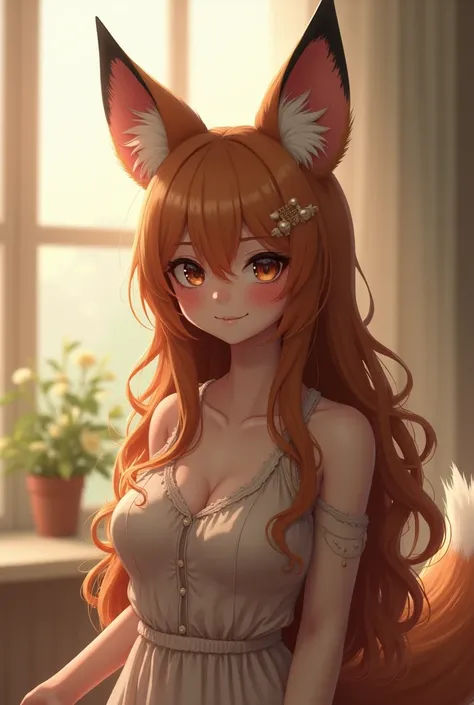 1 girl, High resolution, Long Hair, Tierohren, Big boobs, blushing, smile, embarrassed, Fuchsohren, furry