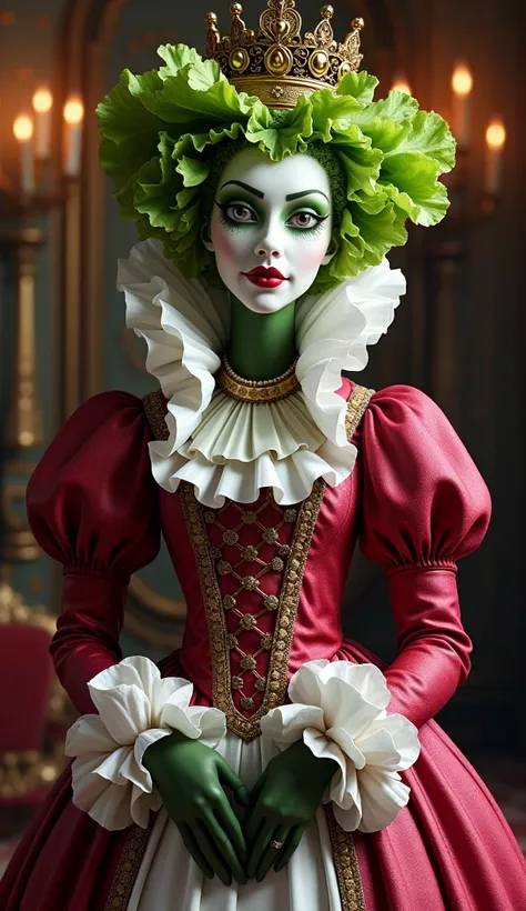 a beautiful humanoid character made of lettuce , the Queen of Hearts from the wonderland, wearing a highly detailed and intricate costume, full body shot, in a surreal and opulent royal chamber, (best quality, 4k, 8k, highres, masterpiece:1.2),ultra-detail...