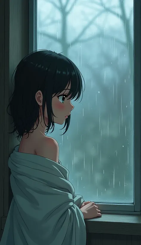 Anime-style image of a girl after a bath leaning sadly against a window while gazing outside
