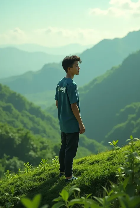 A young man stands on a dense green hill and his name TAWSIF written on the back of his T-shirt