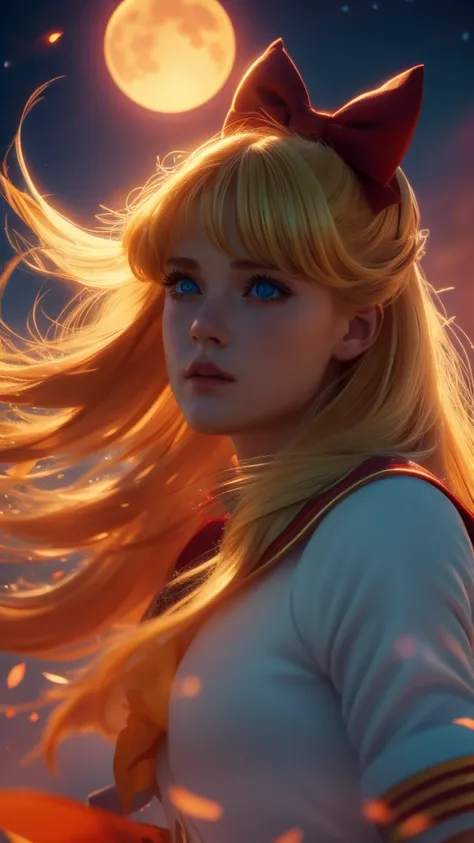 a beautiful sailor venus, detailed facial features, piercing blue eyes, rosy lips, long eyelashes, blonde hair in a red bow, sailor orange uniform with a blue bow, portrait in a magical fantasy landscape, colorful flowers, glowing moon in the night sky, dr...