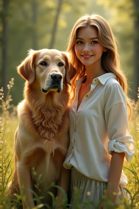 Demi-human golden retriever hybrid, woman in a white shirt.