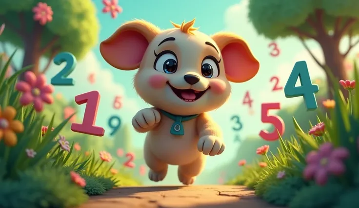 " Playful and dynamic scene with numbers 1,2,3,4,5,6,7,8,9,10 popping up in bright, colorful balloons or bubbles, with the animals joyfully interacting with the numbers."Cartoon 3D