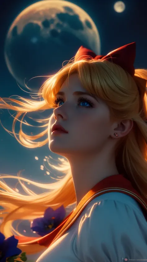 a beautiful sailor venus, detailed facial features, piercing blue eyes, rosy lips, long eyelashes, blonde hair in a red bow, sailor orange uniform with a blue bow, portrait in a magical fantasy landscape, colorful flowers, glowing moon in the night sky, dr...