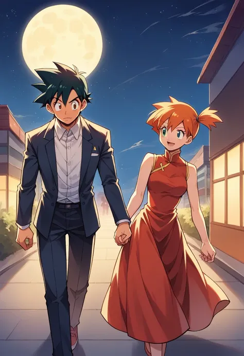 1boy, black hair, brown eyes, hair between eyes, ash ketchum, suit, formal clothes, handsome boy, macho, good looking boy 1girl, misty pokemon, orange hair, hair down, green eyes, red chinese dress, pretty, beautiful girl photograph of a 1 couple, theyre w...