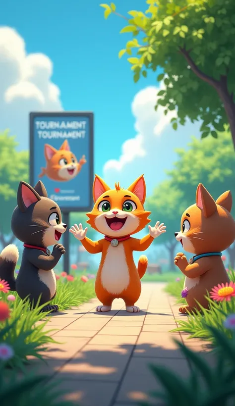 News of the Tournament

Prompt: The small cat excitedly chatting with her friends in a sunny park, with a poster of a video game tournament in the background.
