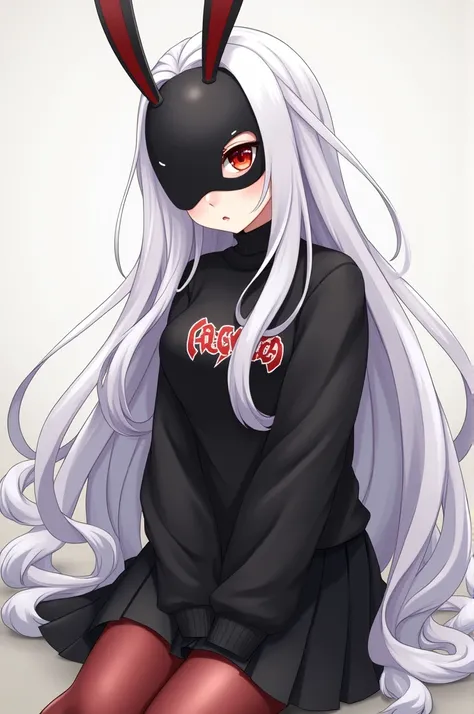 Beautiful girl with long white hair, the fourth part of the face covered by a black rabbit mask with a red eye, pretty eyes, cute white body, a black sweater with a red logo, and a black skirt and long stockings with red and gray Anime version