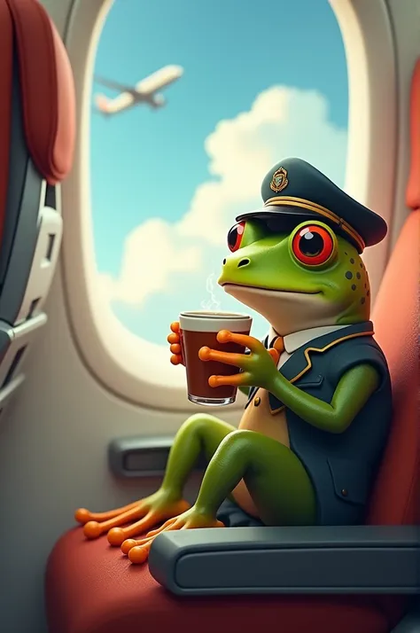 Frog sits on a plane and drinks hot tea.