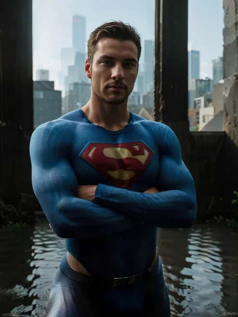 1man, A medium shot of a charismatic male fitness model, 30 years old, small beard, sexy and charming expression, gloomy blue eyes, muscular male body, arms crossed, tight blue superman suit, masterpiece, realistic, realism, Rendering, high contrast, digit...