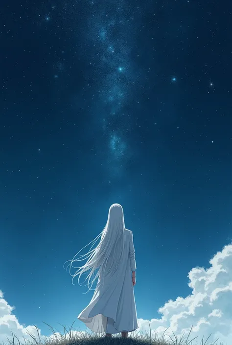 a white very long hair man, turned back, watching the universe, manwha  , white outfit