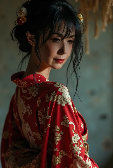 Mature prostitute, beautiful Japanese woman, kimono messy and sexy, black hair messy and sexy, normal size breasts, slim and tall, beautiful woman looking back, backlit, and dark shadows, professional lighting,