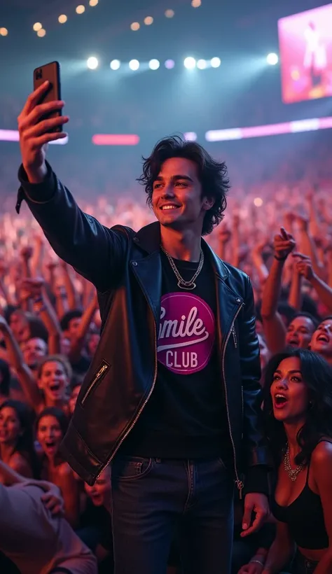 popstar takes a selfie, sold out stadium concert, rock concert, night, pov to the crowd, crowd jubelt ihm hintergrund, weisser dünner American male 20 jahre alt mit mittellangen schwarzen haaren , mit black pink jersey pullover mit "smile high club", leath...