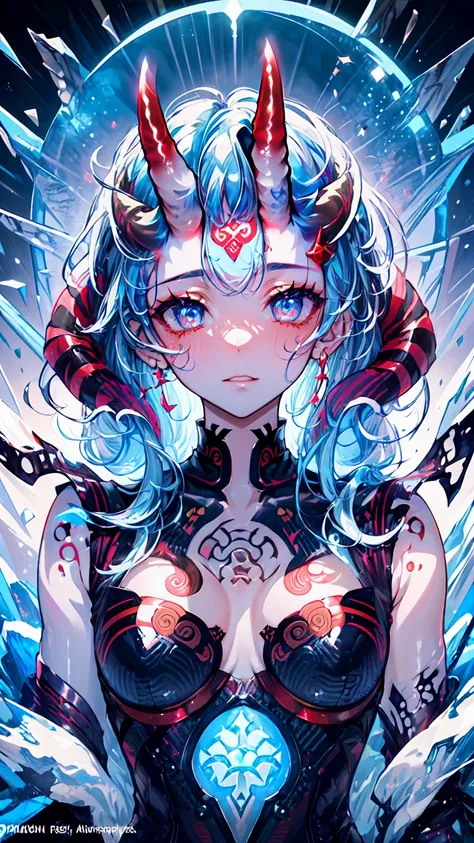 (masterpiece, top quality, best quality, official art, beautiful and aesthetic:1.2), detailed sexy costume,Extreme detailed,Sexy Demon, 1 girl, large breasts, , (oni horns:1.6), frost around,blue ice power, glowing body, sexy, , Colorful, Highest detailed,...