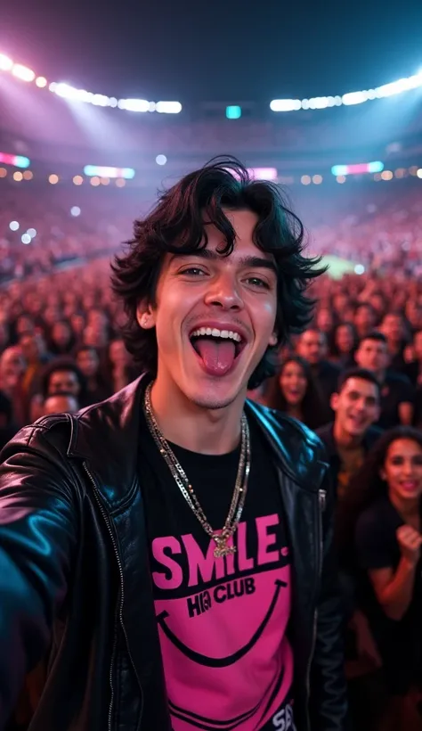 popstar takes a selfie, sold out stadium concert, rock concert, night, pov to the crowd, crowd jubelt ihm hintergrund, weisser dünner American male 20 jahre alt mit mittellangen schwarzen haaren , mit black pink jersey pullover mit "smile high club" on the...