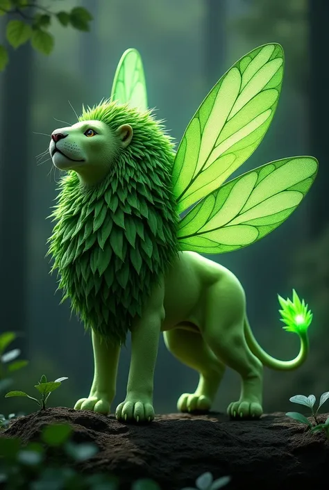 A fantastic, imaginary creature named Liom. This creature has the body of a lion, but instead of fur, its body is covered in luscious green leaves. It has a pair of dragonfly wings and can shine bright like a light bulb when its dark. Its eyes are as clear...