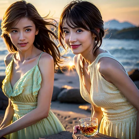 (Realistic, 超Realistic:1.4), 16K HDR, High resolution,((Whiskey Glass)),((Whiskey Bottle)),((Whiskey Glass)),Happy Smile、Short Hair,The best smile、Japanese Actress,so beautiful(It looks like the real thing),Evening Dresses,Cocktail Dresses、Whiskey Bottle、T...