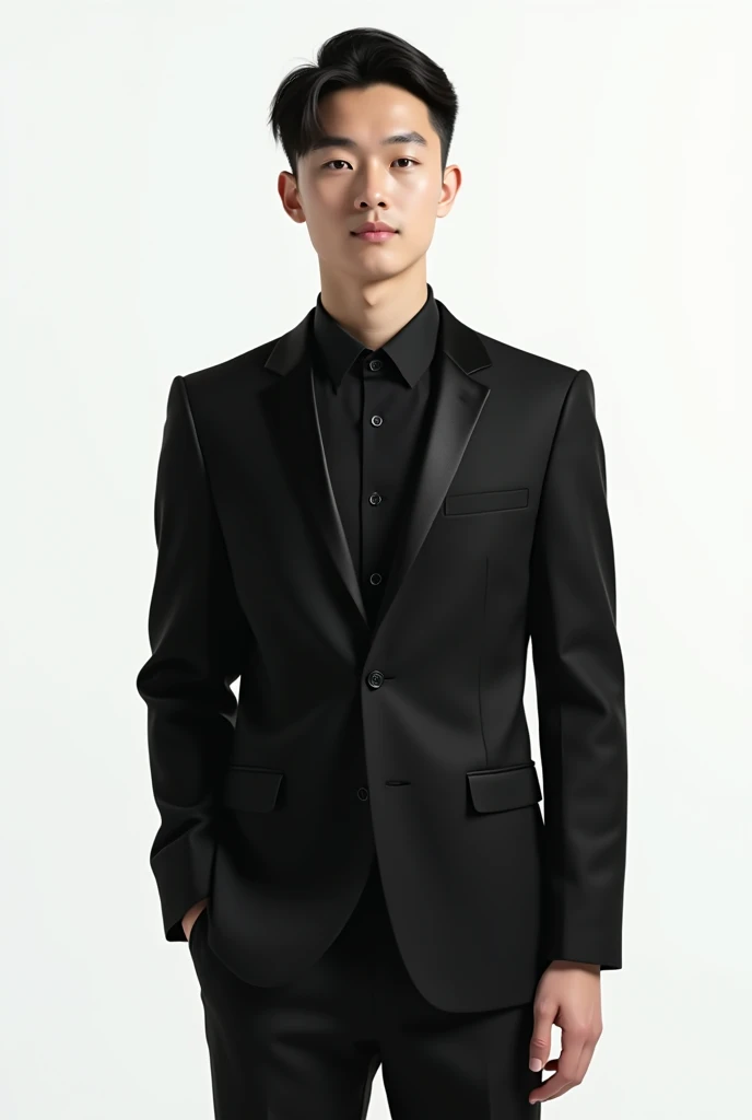 Original face 22 year boy , Balck pant and black shirt wedding clothes , background white , half jacket full body 
