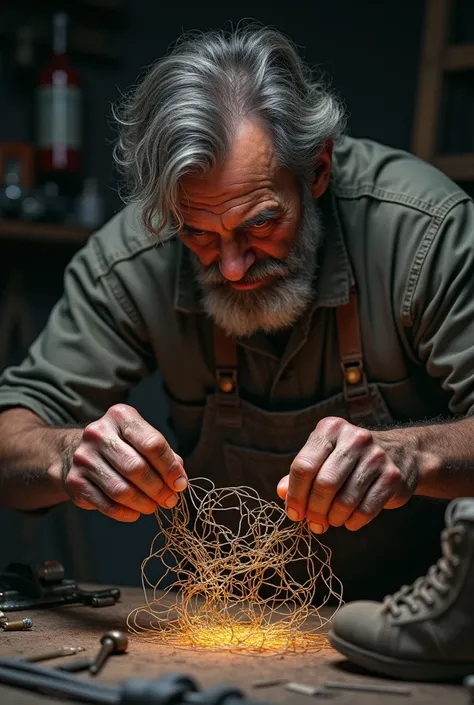 gambar hyperrealistic, a man who is making chicken wire