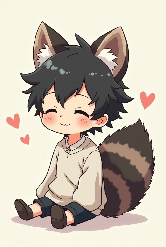 1 boy, black hair, fluffy raccoon ears and tails, 
Anime boy, mha, closed eyed smile, laid-back, adult, beautifully detailed, illustration, anime illustration