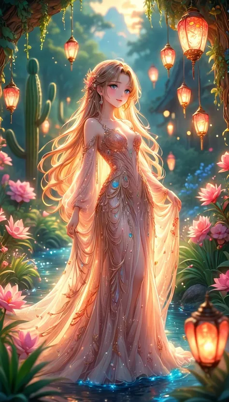 Anime Girl Beauty, ideal anatomy, Bright,  She is wearing a flowing, transparent light ROSE GOLD embroidery gown that looks like its made of delicate glass or crystal, adorned with intricate floral patterns and luminous beads and flying lantern that catch ...