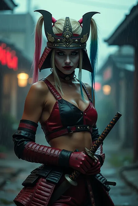 HD Portrait, 8K, a Harley Quinn transform to samurai warrior ((Kabuto)), Take a sword, in Ghost town, evening, Epic detailed, ultra sharp, style, flash shot, ((horror scfi)), smog, rainy weather, dramatic lighting, The atmosphere looks real, Full body shot...