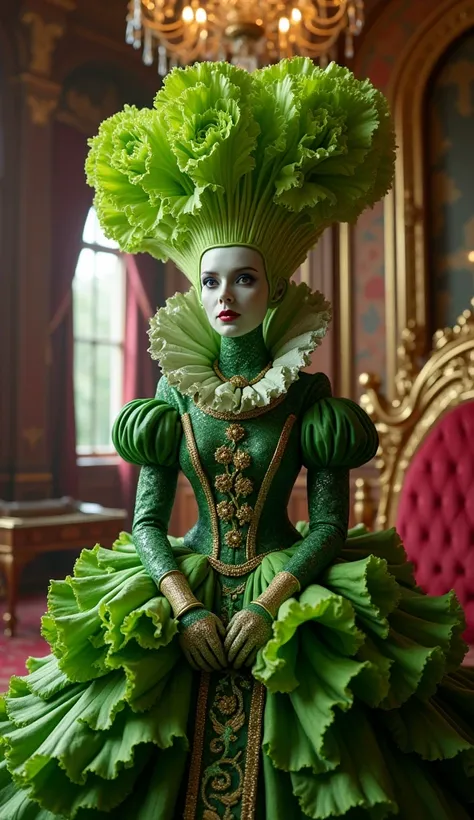 a beautiful humanoid character made of green lettuce , the Queen of Hearts from the wonderland, wearing a highly detailed and intricate costume, full body shot, in a surreal and opulent royal chamber, (best quality, 4k, 8k, highres, masterpiece:1.2),ultra-...