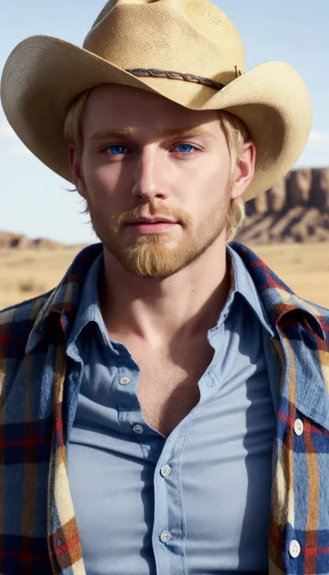 create a 30 year old white guy with blonde hair, blue eyes, thin beard in a blue plaid shirt and a cowboy hat 