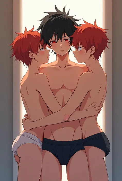 I want a black haired boy who is only wearing underwear and on both sides of him are other male teenage twins they are also only wearing underwear the twins are redheads and are hugging they are in a room and all the characters in this image are male repea...