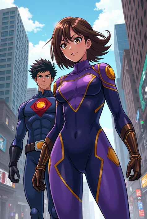  Boko no hero academia comics panel of a female. she has brown hair, and brown eyes. she is a hero, she is wearing a purple hero costume. and she stands next to keigo takami