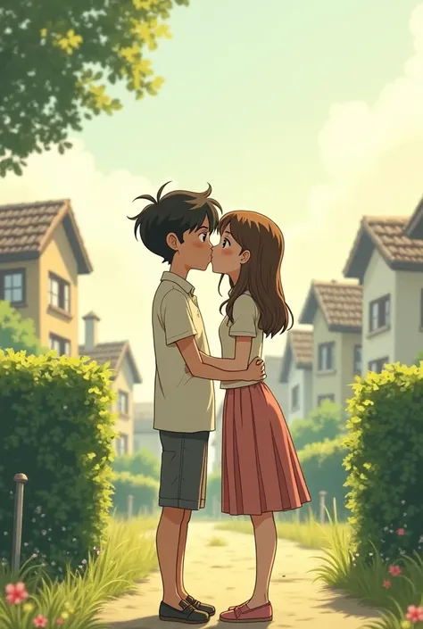 Create the first kiss of a relationship between a boy and a girl, one of 17 and she of 18, both of them standing around there are square bushes and also buildings, all that in the style of Studio Ghibli 