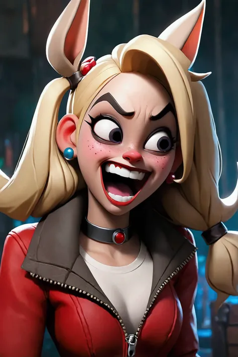 After drinking too much on Pleasure Island, Harley Quinn begins transforming into a donkey-girl with a donkey-like tail, ears, hooves, teeth, mouth, and nostrils. She falls to all fours as her hands and feet become hooves. Despite her fear, a huge smile sp...