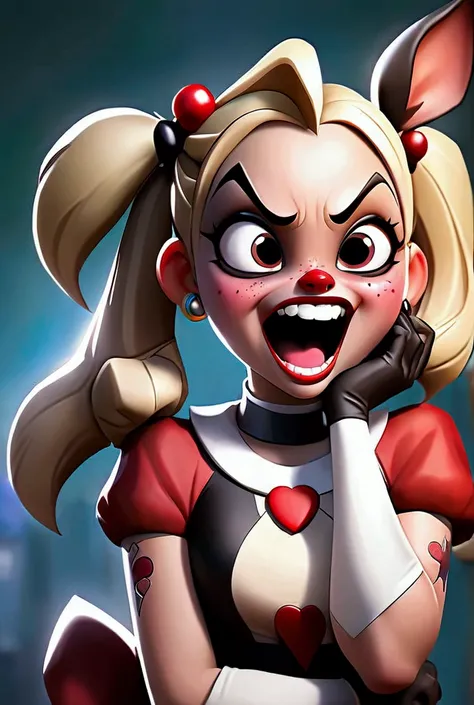 After drinking too much on Pleasure Island, Harley Quinn begins transforming into a donkey-girl with a donkey-like tail, ears, hooves, teeth, mouth, and nostrils. She falls to all fours as her hands and feet become hooves. Despite her fear, a huge smile sp...