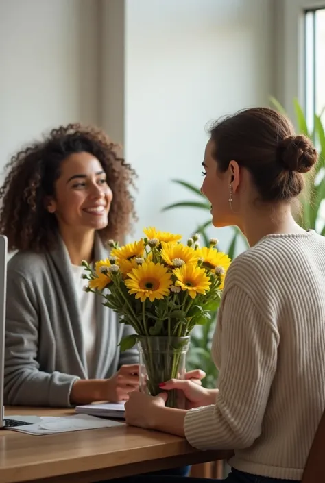 A woman with her back turned sitting in front of a computer and her  daughter giving her bouquets of yellow flowers. 