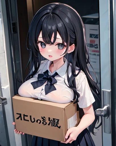 1girl,solo,large breasts, carried breast rest, carrying, cardboard box,  school uniform, black hair,kashino,大きい胸