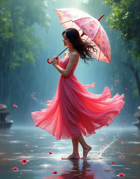 A high quality yet artsy painting of a woman/girl wearing a pink dress, holding transparent umbrella with flowers pattern, dancing in the rain, splashing in puddles, her dress twirling, colors stream off of it, colors splashing, alcohol ink, glass texture.