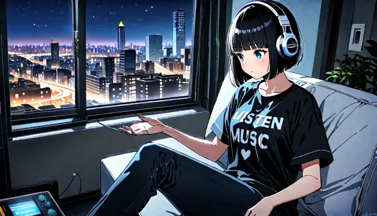 Super detailed,8k, 1 girl, （blue eyes))　(((Shortcuts、Bobcut、Shiny black hair))) (((Headphonesを正しく着用している))) (Wearing an oversized black T-shirt,Wearing skinny jeans) Sitting on the couch, listen to music, Headphones, In front of the window, city, night, Coz...