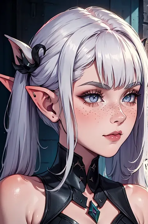 a close up of a female, pastel goth, portrait, big elf girl with freckles, light grey eyes, pointy ears, freckles, many freckles...