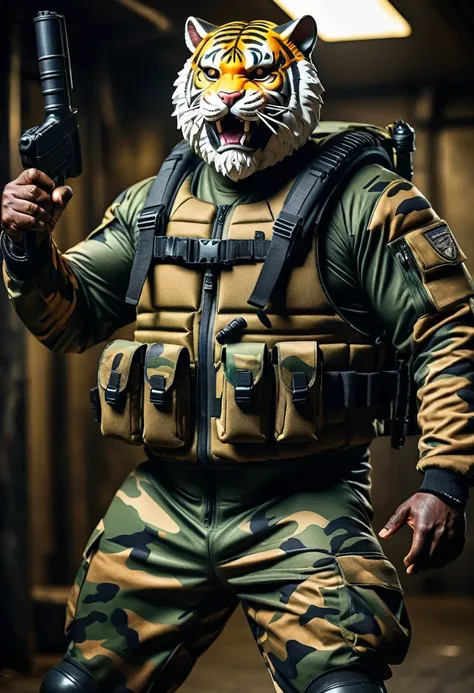 (a dark-skinned bearded fat muscular old man in a bulky army camouflage zipper diver suit) carrying a gun, (wearing a small-sized realistic roaring tiger mask), dynamic action pose, fierce expression, showcasing an imposing stature, surrounded by military ...