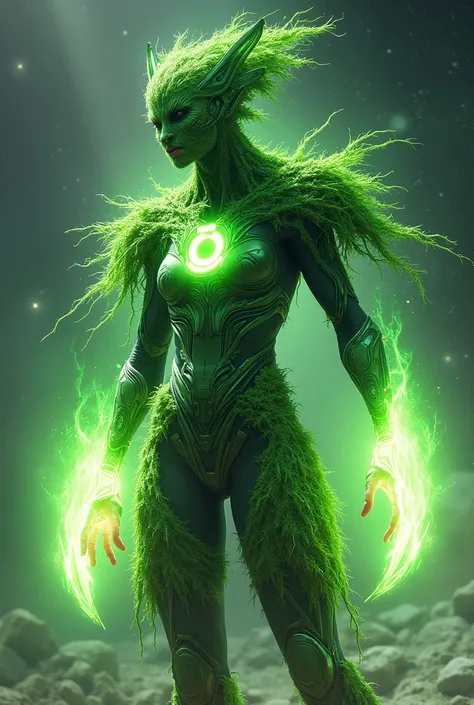 Aya an anthropomorphic grass, green Lantern Corps member in space,full green plasma coated the grass and leaf armor, mechanical Armor, robot energy constructs,proportional body, golden ratio, dramatic lighting, cinematic composition, hyperrealistic, digita...