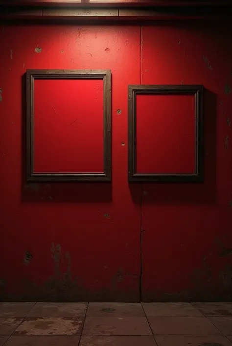 A RED WALL WITH BLANK FRAMES REALISTIC with some gangster vibes