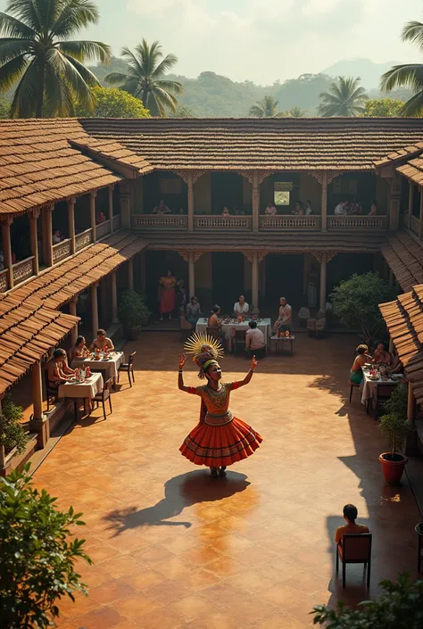 Kerela style typical house having square open area im middle of house where guy doing kathakali and around the square in roof people are having dinner