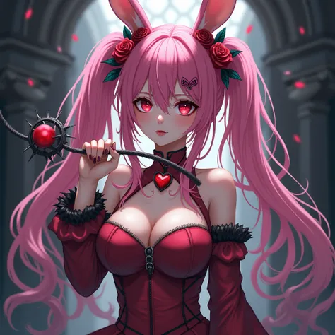 Girl rabbit, pink hair, Red Eyes, revealing outfit, Thorny whip in hand, A rose-shaped checker on the neck, Rose Ear Clips, A heart-shaped hoop on the forehead,  long hair, Hairstyle with two ponytails.