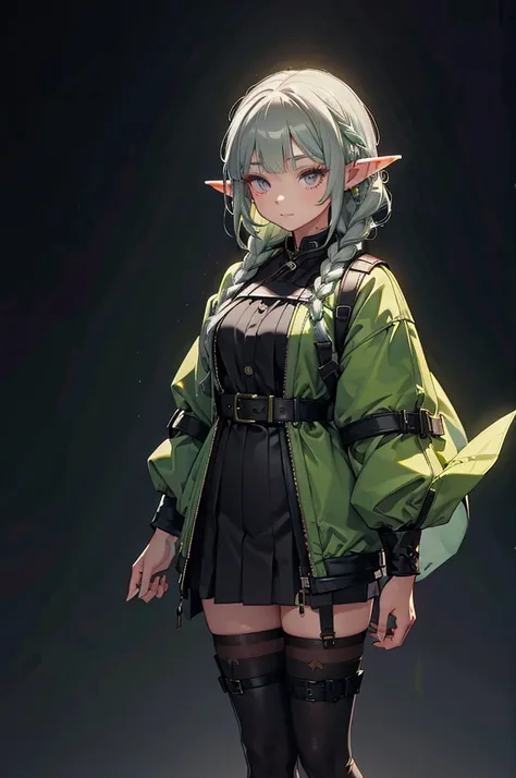 black background with spotlight,（pointed ears、young elf、black eyes、green jacket、long eyelashes、short braided hair with dull grey...