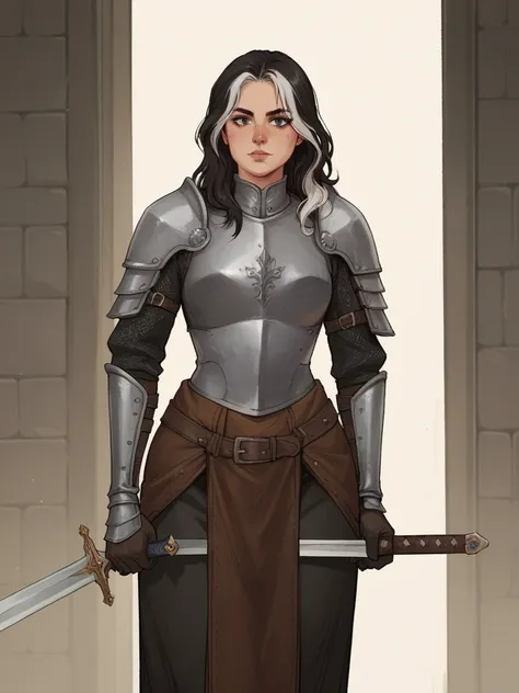 score_9, score_8_up, score_7_up, score_6_up, score_5_up, score_4_up,   wh33z13, 1female, long hair, dark hair, dressing a medieval armor, sword, hair with white highlights, dark cloth, wide hips, white highlights,