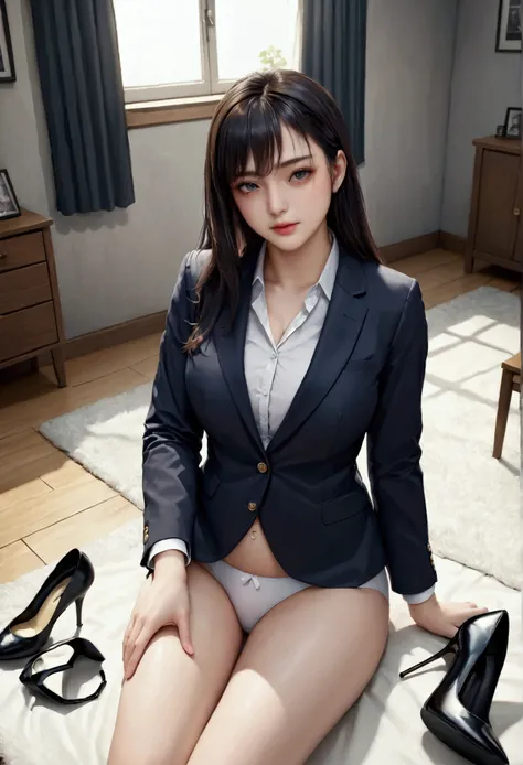 (3d:0.5,Realistic:0.5,photoRealistic:0.5),(Absurd,Super Resolution,masterpiece,Highest quality,In detail,Absurd:1.2), Please raise your heels, Sit down and show your butt from the front, Holding my knees, White panties, Blazer jacket, Long Hair, Realistic,...