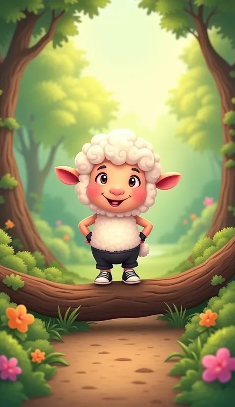 The cartoon baby sheep, smiling proudly, stands on the other side of the fallen tree, with its hands on its hips, still in black pants and black sneakers. Sunlight breaks through the trees, illuminating the baby sheep as it continues down the path, with a ...