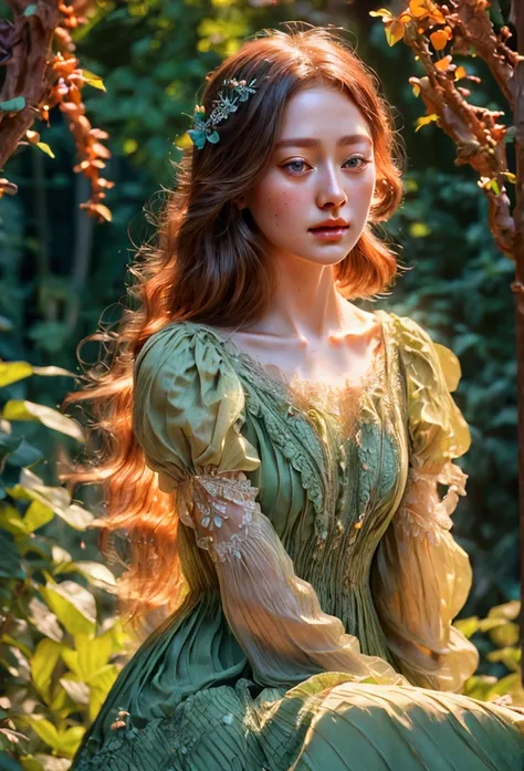 a detailed portrait of a young girl in a green dress, simple and elegant style, with butterfly hearts and pleated lace, edwardia...