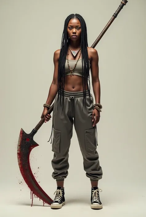 develop an image with the following specifications: An indigenous woman, de 1,80 meters, king, of braids, sweatpants and all star sneakers, gym top, a necklace with a triangular pendant at the end, holding a single-bladed scythe, 2 meters red with blood de...