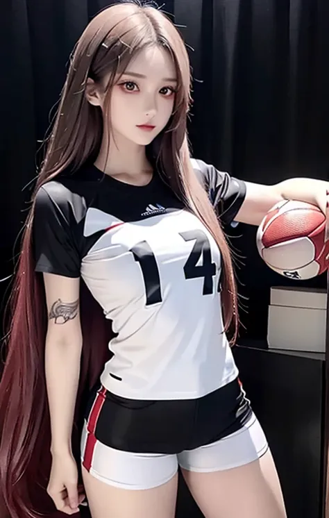 Woman with long hair straight, football jersey 84 in shirt, high detailed, realistic, ultra realistic, football skin t shirt and ((football short pant)), black color shirt football skin shirt , ((red eyes)), tattoo arm, ((right arm tattoo)), dragon tattoo ...