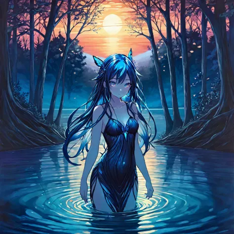 Blue light sunset, beautiful nymph coming out of the trees, magical lake, nightfall, dark art, nightfall 